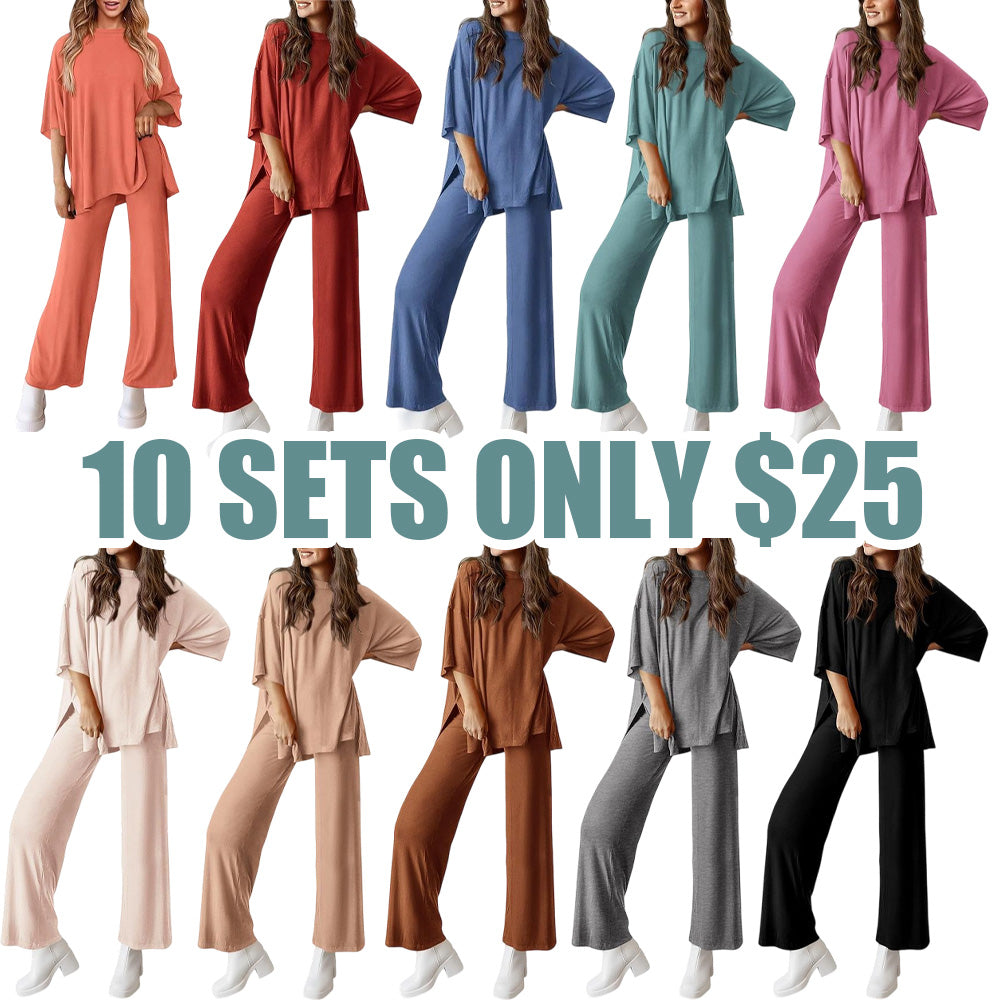 Women’s 2-Piece Lounge Set – Short Sleeve Top & Wide Leg Pants