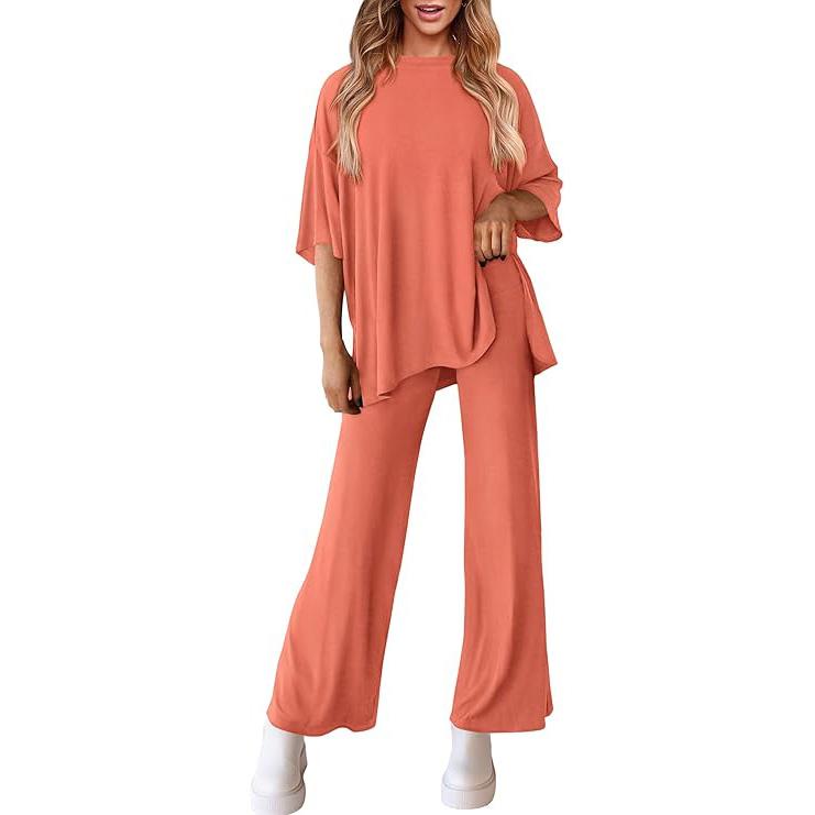 Women’s 2-Piece Lounge Set – Short Sleeve Top & Wide Leg Pants