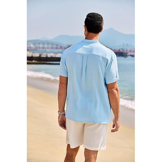 Men's Casual Henley Shirt Band Collar Short Sleeve Shirt Summer Beach Hippie T-Shirt