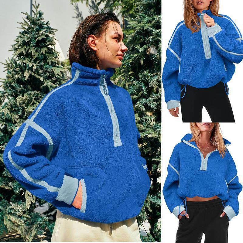 Women's Half Zip Sherpa Fleece Pullover – Color Block Oversized Cozy Sweatshirt with Pockets