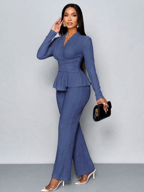 Women’s Elegant Apricot Two-Piece Set – V-Neck Top & Wide Leg Pants