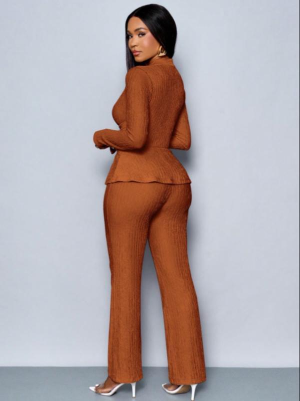 Women’s Elegant Apricot Two-Piece Set – V-Neck Top & Wide Leg Pants