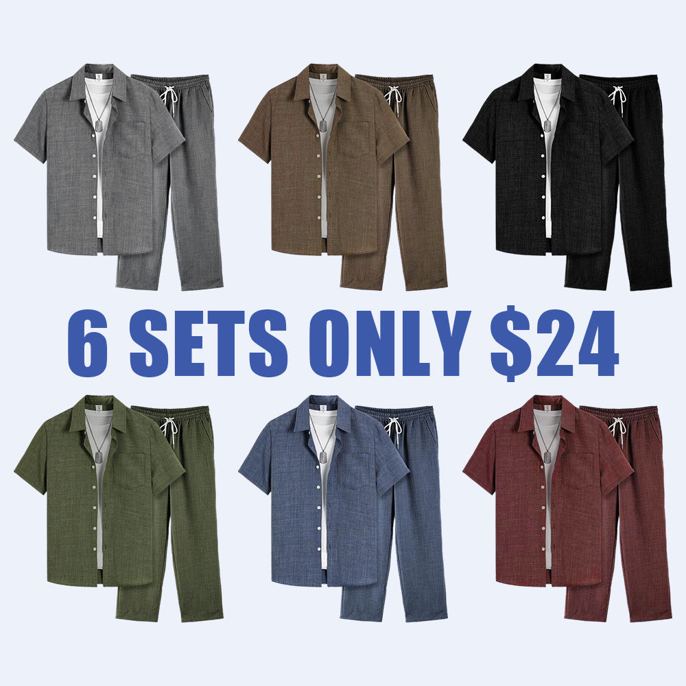 Men's Solid Button Shirt & Drawstring Waist Pants Loungewear