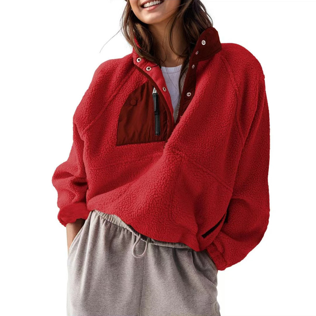 Women's Lightweight Sherpa Fleece Pullover Jacket with Pockets