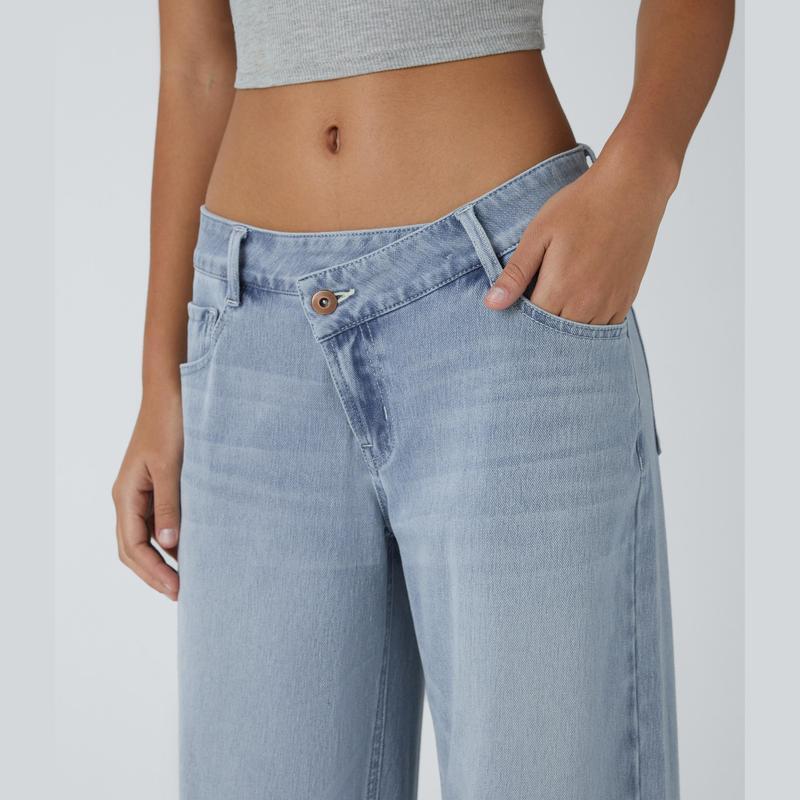 Asymmetric Wide Leg Zipper Pocket Jeans