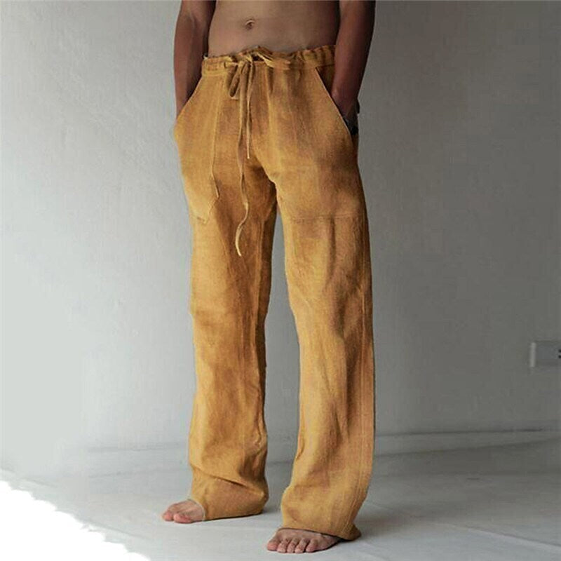 Men's Linen Casual Pants Solid Color Fashion Straight-Leg Trousers Baggy Pants With Pockets Drawstring Elastic Waist Design Beach Pants Daily Yoga Comfort Soft Mid Waist Green White Khaki 3XL